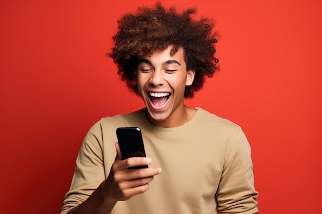 Photo young happy lucky man student feeling excited winner looking at cellphone using mobile phone winning online receiving great news or sms offer getting new job celebrating achievement