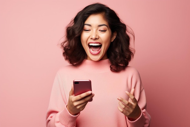 Young happy lucky woman student feeling excited winner looking at cellphone using mobile phone winning online receiving great news or sms offer getting new job celebrating achievement