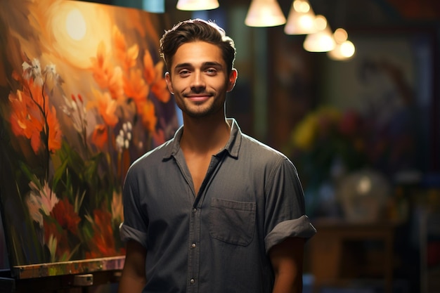 芸術家である若い男性がジェネレーティブAIで夕方にスタジオで絵を描いています