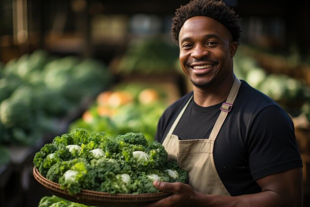 A young happy man a gardener is growing lettuce in a greenhouse