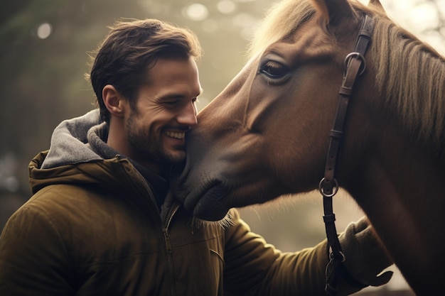 Молодой счастливый мужчина трогает лошадь с помощью генеративного ИИ