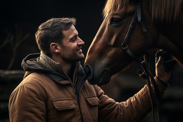 A young happy man touching a horse with Generative AI