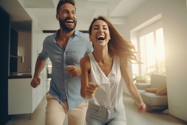 Young happy married couple in their new home after moving house Young cheerful people run to a new house or apartment New homeowners Mortgage Rental Property Affordable housing