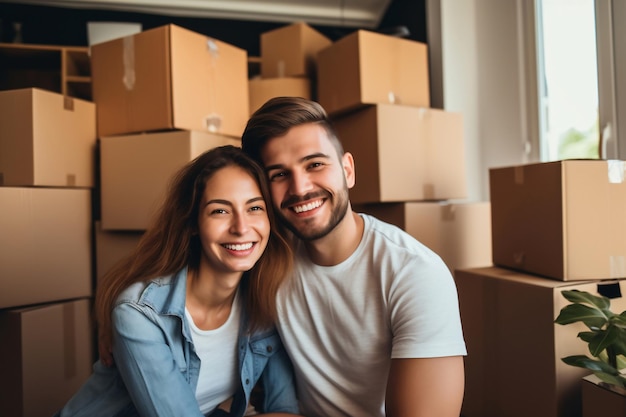 Young happy married couple in their new home after moving in Unpacking boxes after moving into a new apartment New homeowners Mortgage Rental of property