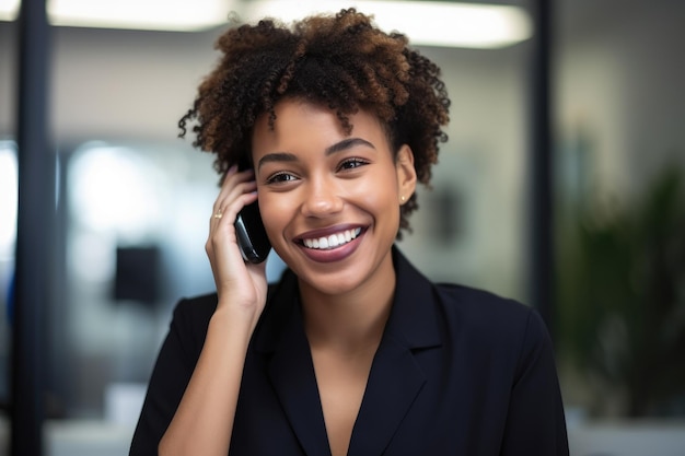 Young happy mixed race businesswoman on a call at work