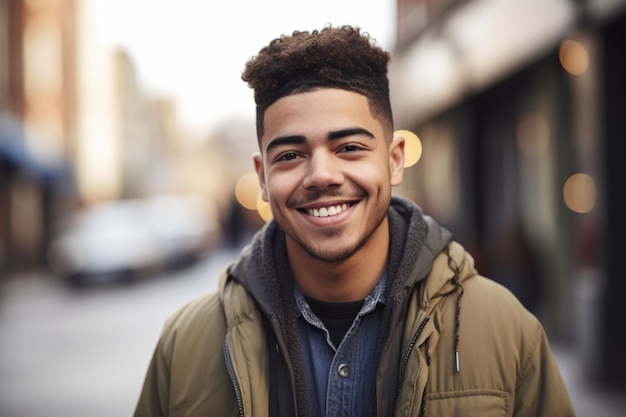 Photo young happy mixed race man looking at the camera while standing outside created with generative ai