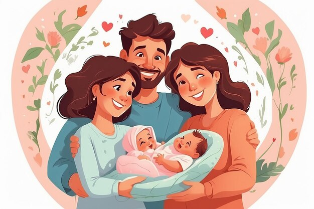 젊은 행복한 어머니와 아버지는 신생아를 손에 들고 산부모와 출산 부모가 아기 아이를 포옹하고 행복한 보살과 사랑 축하 만화 일러스트