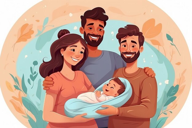 Young happy mother and father holding newborn baby on hands maternity parenting and childbirth parents hugging infant kid happiness care and love congratulation cartoon illustration