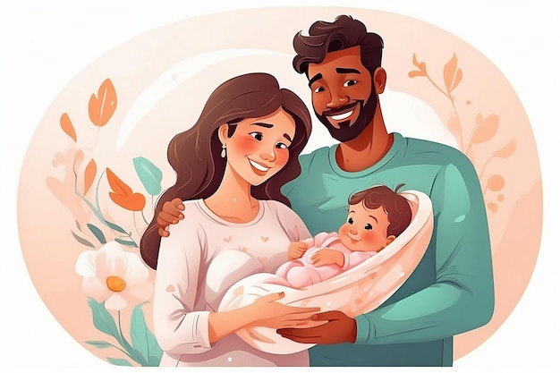 Young happy mother and father holding newborn baby on hands maternity parenting and childbirth parents hugging infant kid happiness care and love congratulation cartoon illustration