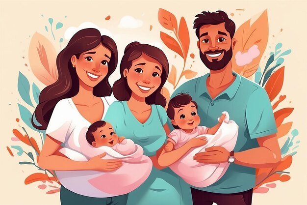 Young happy mother and father holding newborn baby on hands maternity parenting and childbirth parents hugging infant kid happiness care and love congratulation cartoon illustration