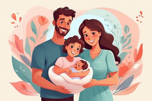 Young happy mother and father holding newborn baby on hands maternity parenting and childbirth parents hugging infant kid happiness care and love congratulation cartoon illustration