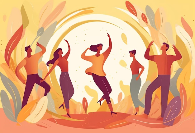 young happy people dancing on a beige background