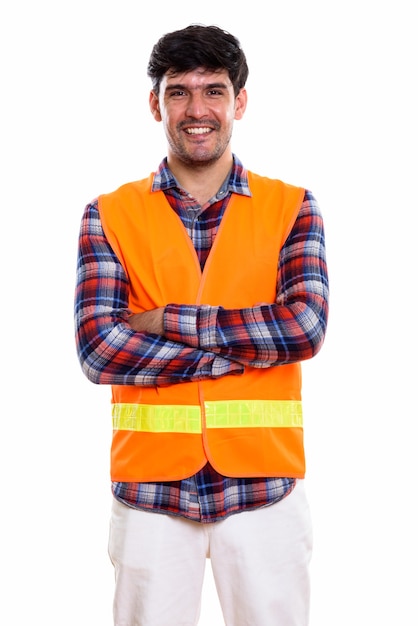 young happy Persian construction worker smiling