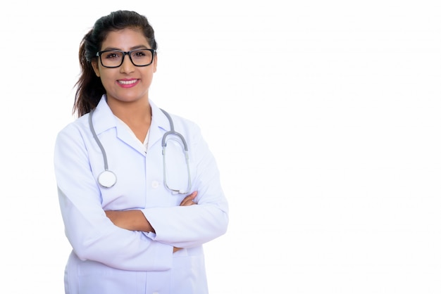 young happy Persian woman doctor smiling