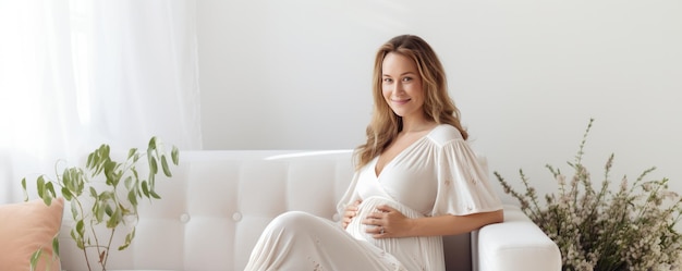 Молодая счастливая беременная женщина с большим животом в современном доме Беременность и материнство Генеративный ИИ