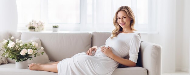 Young happy pregnant woman with big belly in a modern house Pregnancy motherhood Generative ai