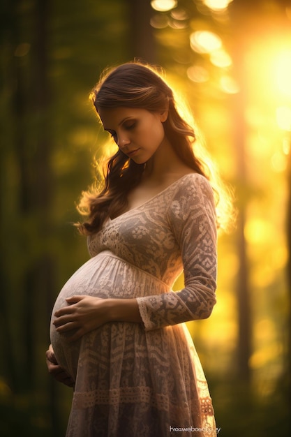 Young happy pregnant woman with big belly in sunset nature Pregnancy motherhood Generative ai