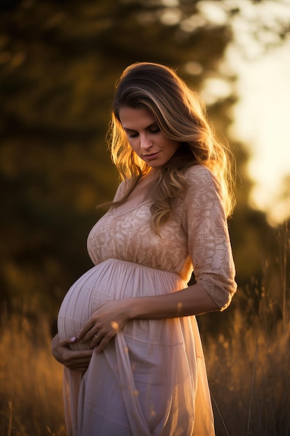 Young happy pregnant woman with big belly in sunset nature Pregnancy motherhood Generative ai