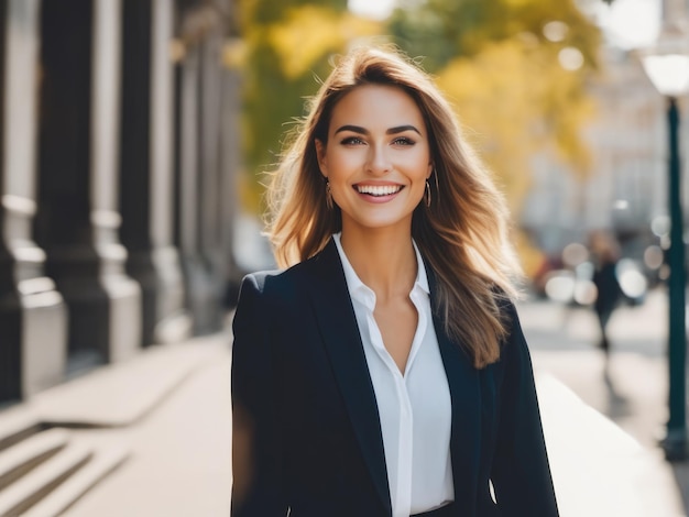 Young happy pretty smiling business woman standing outdoor on street