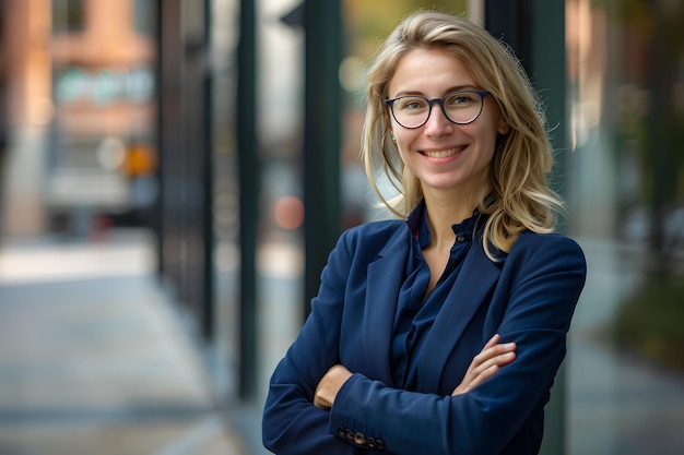 Young happy pretty smiling professional business woman standing outdoor on street arms crossed