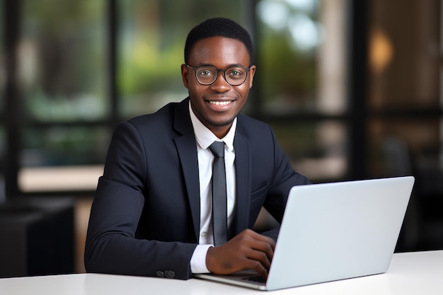 Young happy professional African American business man wearing suit eyeglasses working on laptop in office sitting at desk looking at camera female company manager executive portrait at workplace