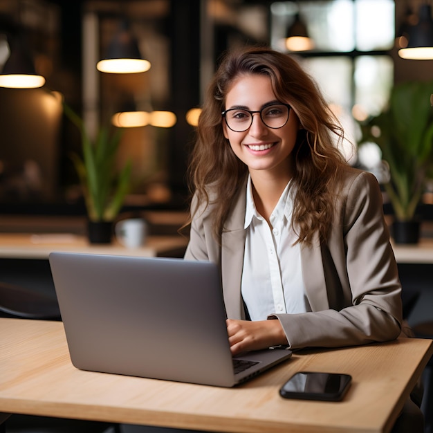 Young happy professional business woman employee sitting at desk working on laptop