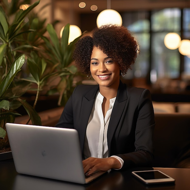 Young happy professional business woman employee sitting at desk working on laptop