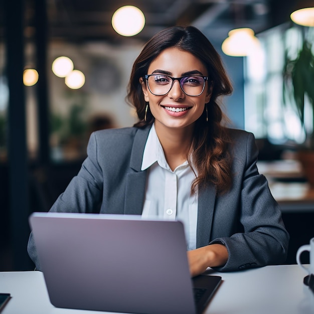 Young happy professional business woman employee sitting at desk working on laptop