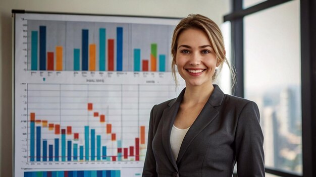 a young happy professional business woman with modern dress stands in the presentation chart