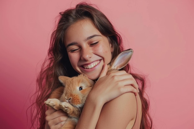 Young happy smiling beautiful girl holding a little brown bunny rabbit on studio pink background