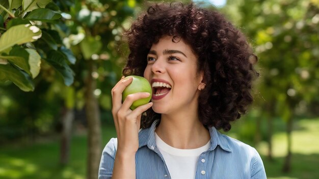 写真 緑のリンゴを食べる幸せな若い女性