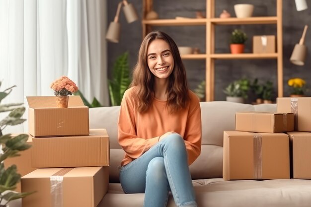 郵便物の箱を開く美しい女性家で荷物配達を準備する美しい女性 発電型AI技術で作成された中小企業の供給