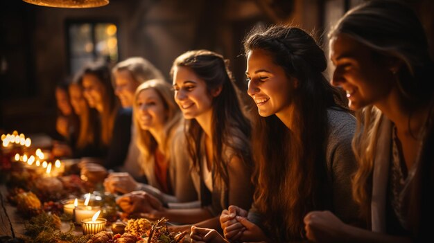 自宅のダイニング ルームで家族の夕食を楽しむ若い幸せな女性