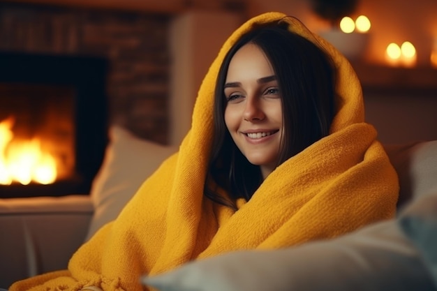 Foto giovane donna felice che si gode il conforto della casa sera d'inverno accogliente camino caldo avvolto in coperta ragazza