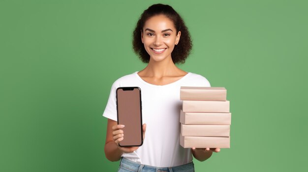 Young happy woman holding brown clear blank craft stack cardboard boxes mock up isolated on green background