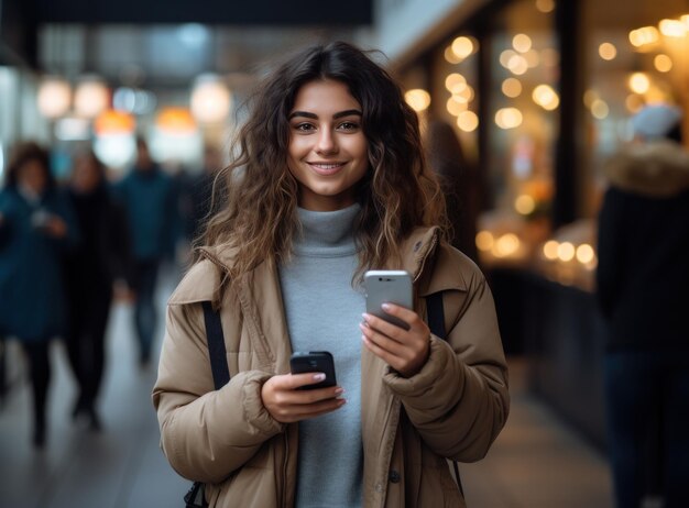 ショッピングストック画像の外でスマートフォンを握っている幸せな若い女性