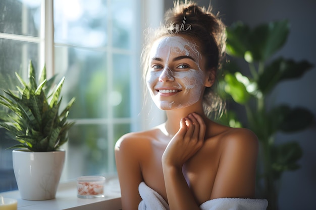 Foto giovane donna felice che fa massaggio facciale con scrub organico per il viso ragazza che applica crema scrub