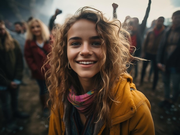 A young happy woman participates in a rally A group of diverse people demonstrating on a city street Design ai