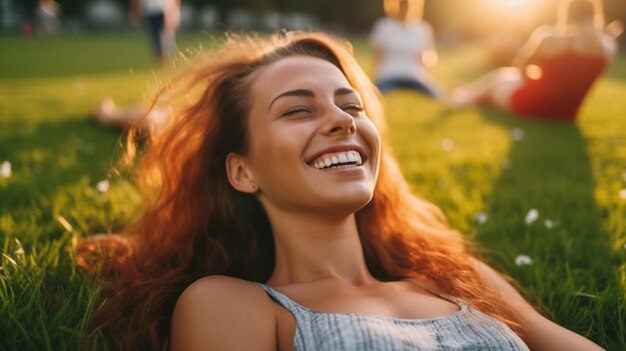 a young happy woman playing in grass at summer