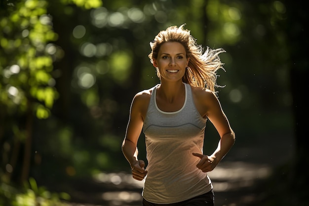 Photo young happy woman running in nature healthy lifestyle