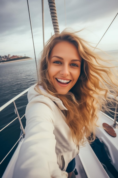 ヨットでセルフィーを撮る幸せな若い女性 笑顔の魅力的な女性の垂直肖像画