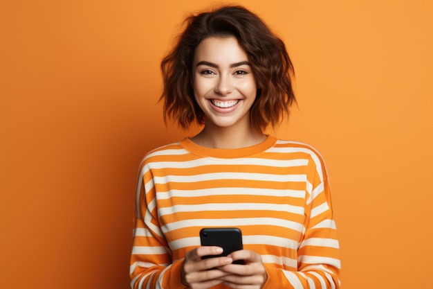 Молодая и счастливая женщина, использующая свой смартфон, улыбается, отправляя текстовое сообщение в мобильном приложении