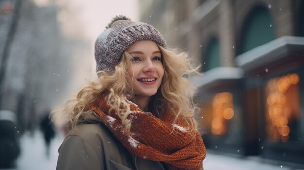 Young happy woman in a winter coat and scarf walks