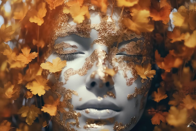 Young happy woman with red autumn leaves