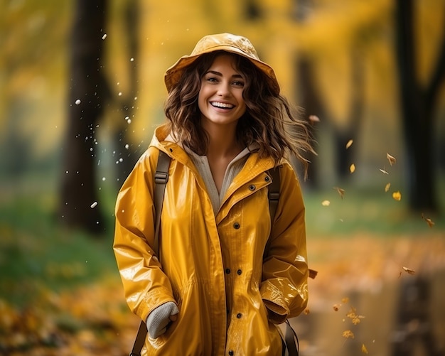 Young happy woman in yellow raincoat in autumn park