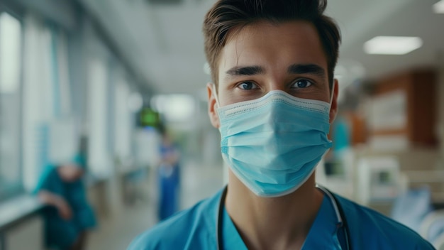 Young healthcare professional with a blue surgical mask focused and prepared for duty