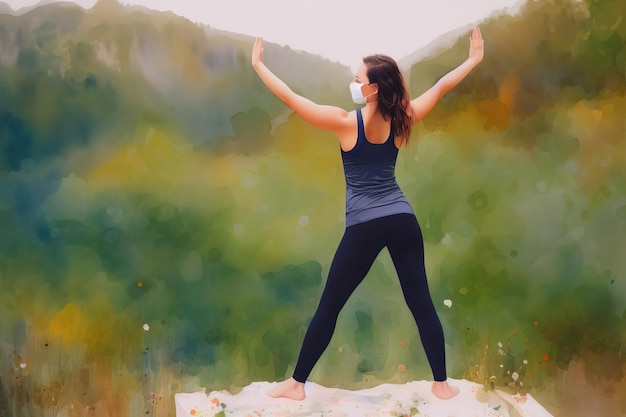 A young healthy girl does a set of exercises outdoors in a protective antivirus mask watercolor