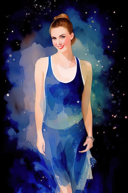 A young healthy girl in a sports top and leggings poses on an abstract background