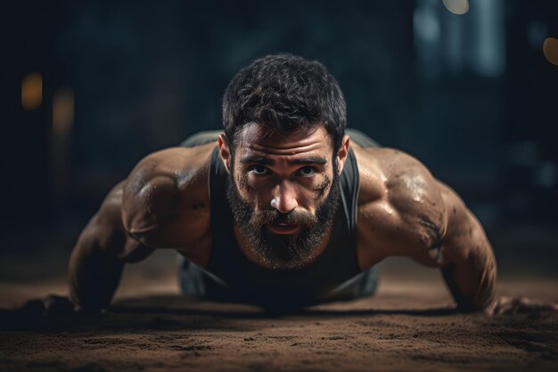 Young healthy man athlete doing exercise with the weights in the gym