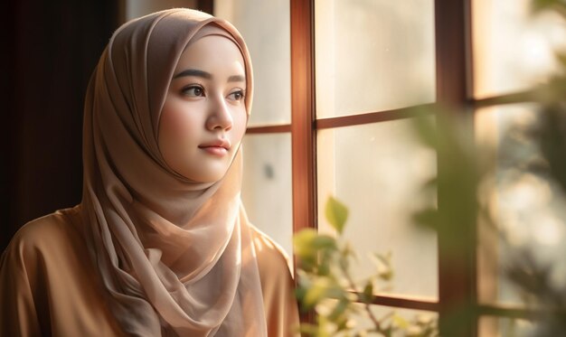 Foto una giovane donna in hijab che guarda il vetro della finestra